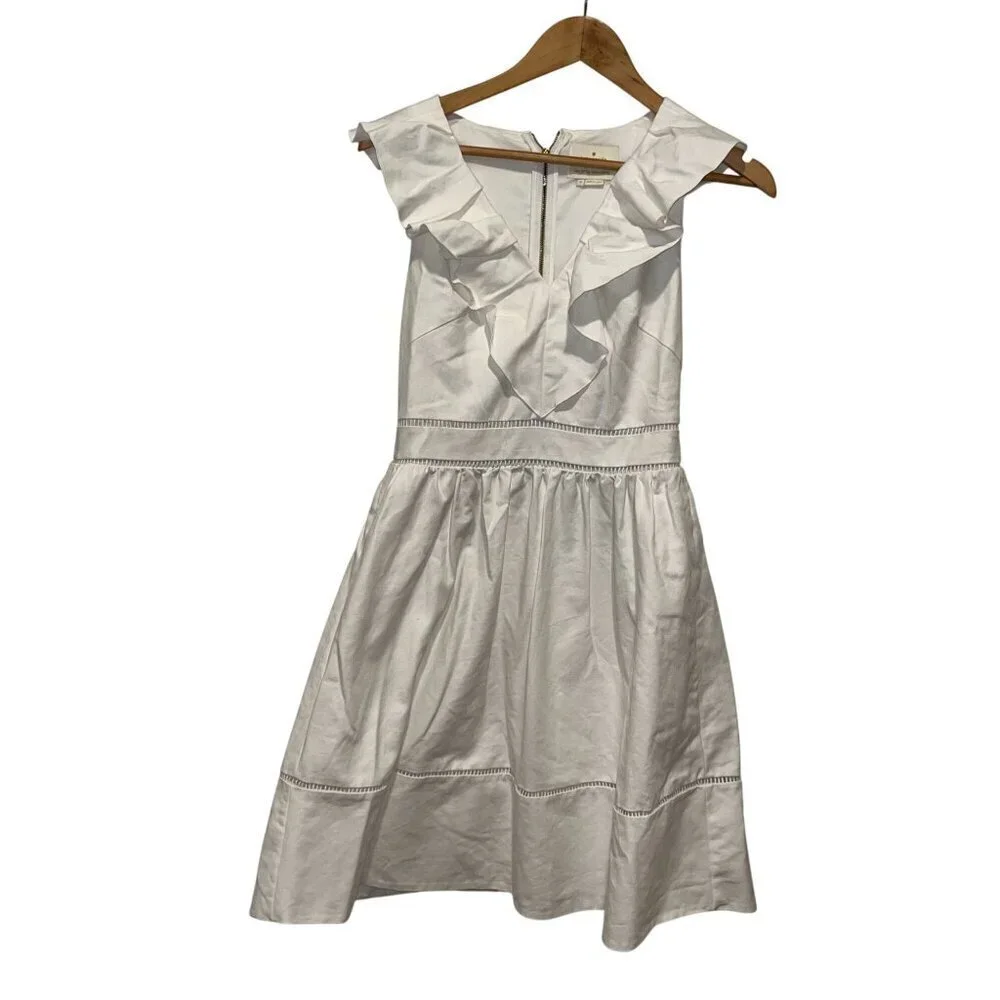 Kate Spade White V-Neck Ruffle Neck Sleeveless Fit & Flare Short Dress Women's S